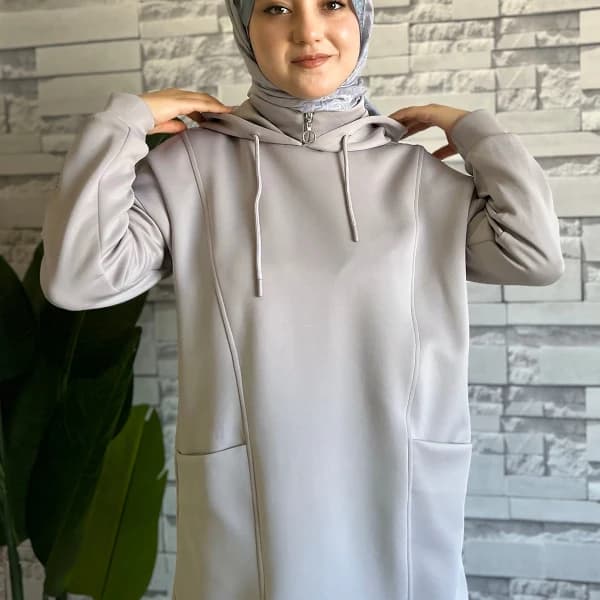 Boğazı Fermuar Detaylı Sweat Gri