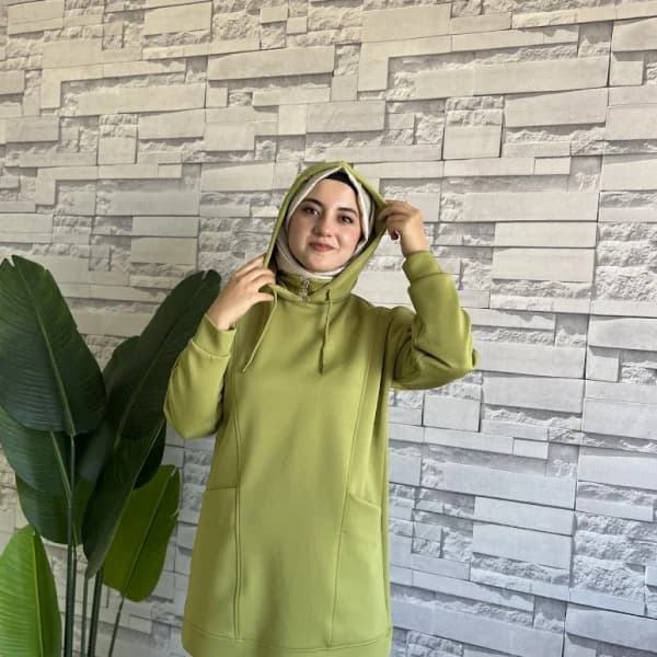 Boğazı Fermuar Detaylı Sweat Yağ Yeşili