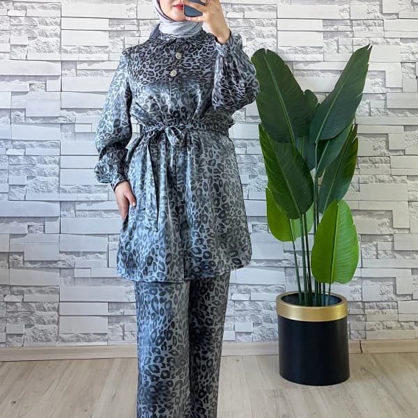 Leopar Desenli İkili Takım Gri