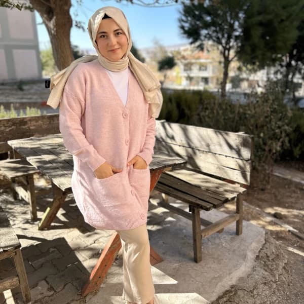 Düğme Detaylı Cepli Uzun Hırka Pembe