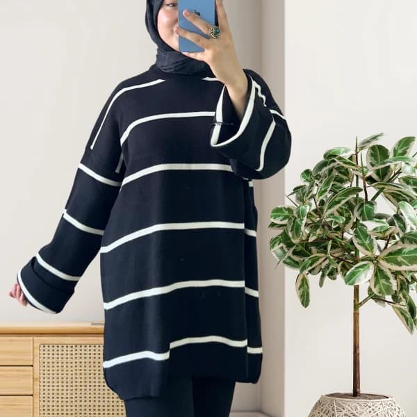 Çizgili Oversize Triko Kazak Siyah