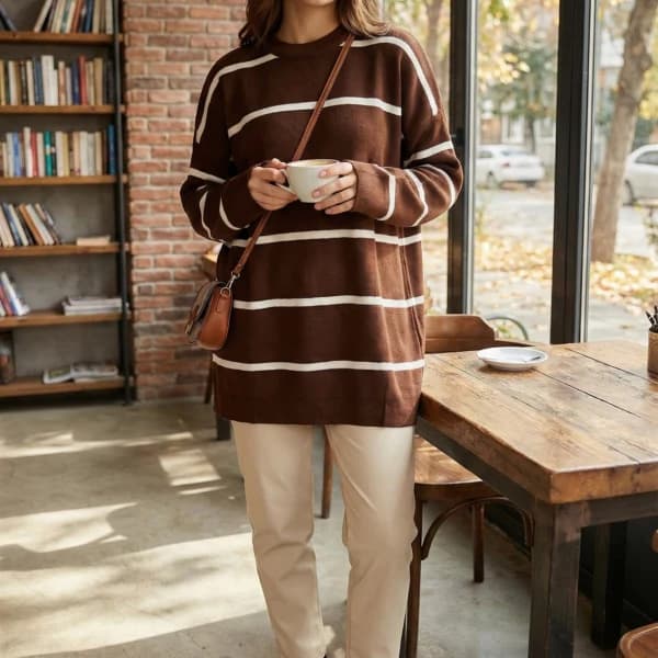 Çizgili Oversize Triko Kazak Kahve
