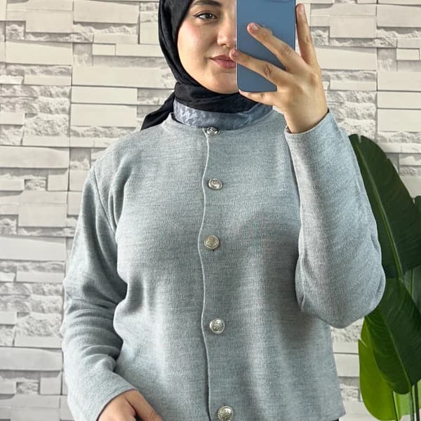 Düğme Detaylı Hırka Gri