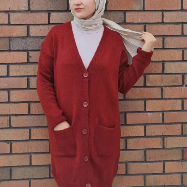 Düğme Detaylı Cepli Uzun Hırka Bordo