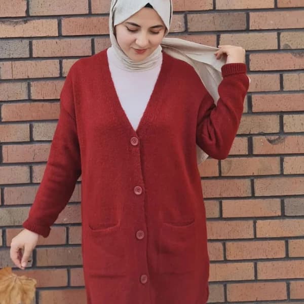 Düğme Detaylı Cepli Uzun Hırka Bordo