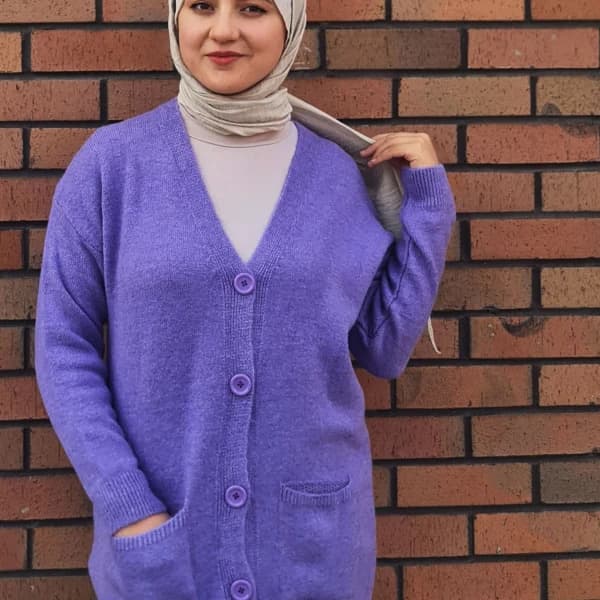 Düğme Detaylı Cepli Uzun Hırka Lila