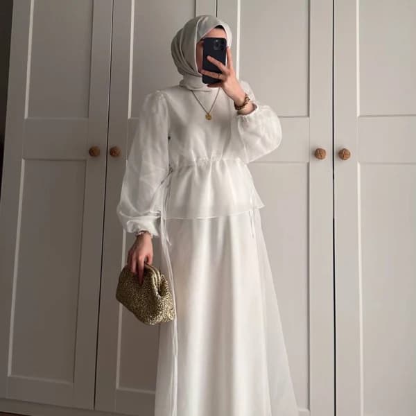Manolya Organze Kumaş Elbise Beyaz