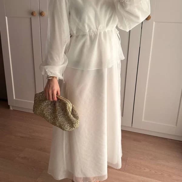 Manolya Organze Kumaş Elbise Beyaz