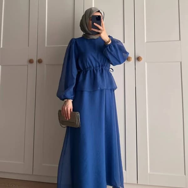 Manolya Organze Kumaş Elbise Lacivert