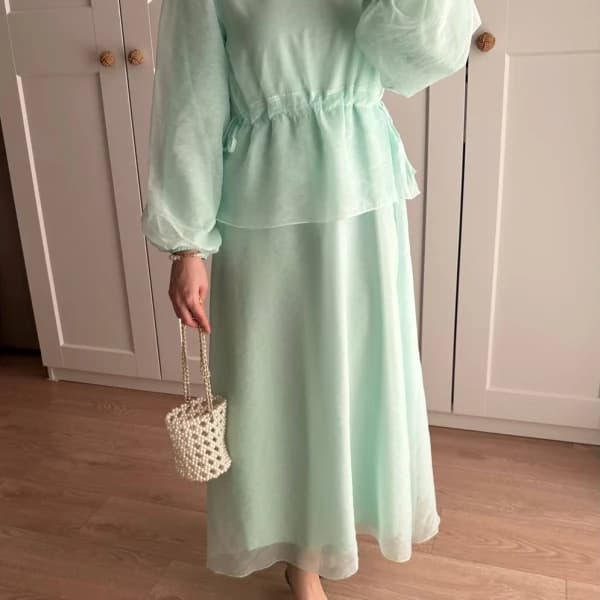 Manolya Organze Kumaş Elbise Su Yeşili