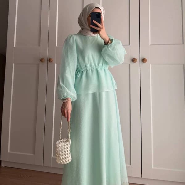 Manolya Organze Kumaş Elbise Su Yeşili