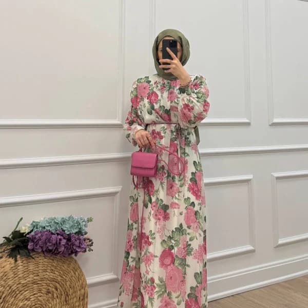 Lavinia Çiçek Desenli Şifon Elbise - Gül