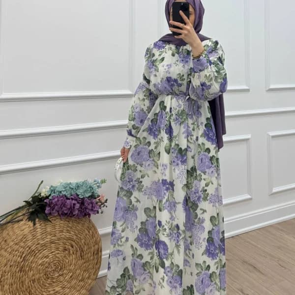 Lavinia Çiçek Desenli Şifon Elbise - Menekşe