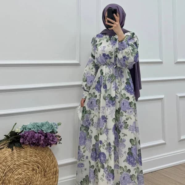 Lavinia Çiçek Desenli Şifon Elbise - Menekşe