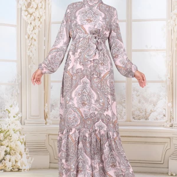 Etnik Desenli Tesettür Elbise Viskon Kumaş - Pembe