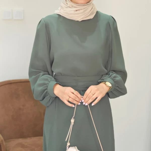 Narin Krep Tesettür Elbise - Çağla Rengi
