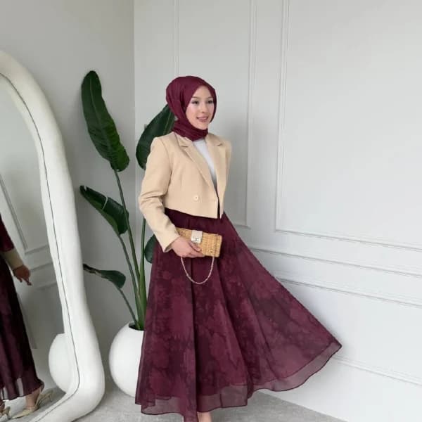 Desenli Şifon Etek - Bordo
