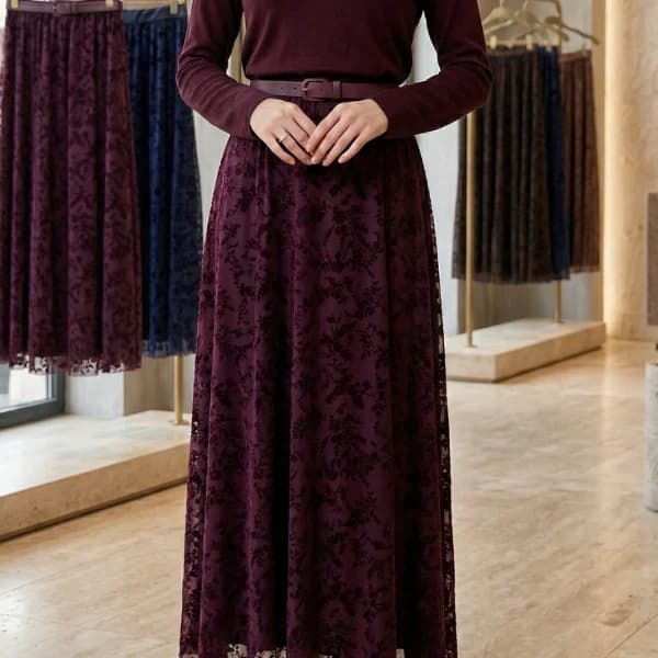 Flok Baskı Astarlı Tül Etek - Bordo