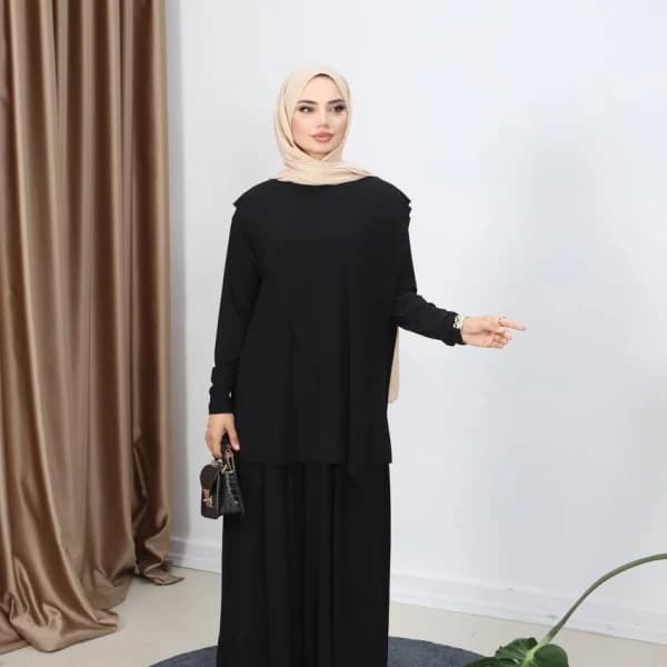Asimetrik Etek Pantolon Sandy Takım - Siyah